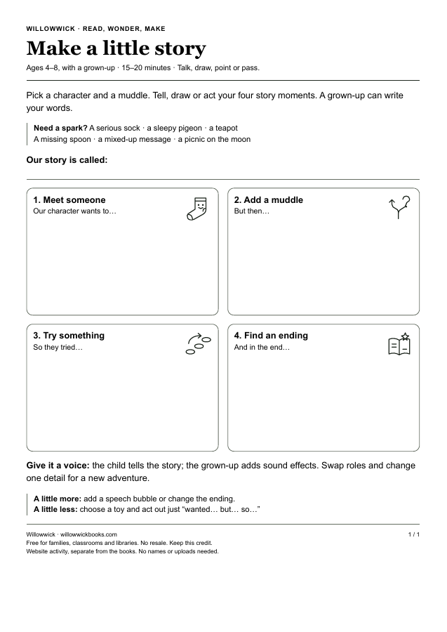 Story-making worksheet with four illustrated prompts: meet someone, add a muddle, try something and find an ending.