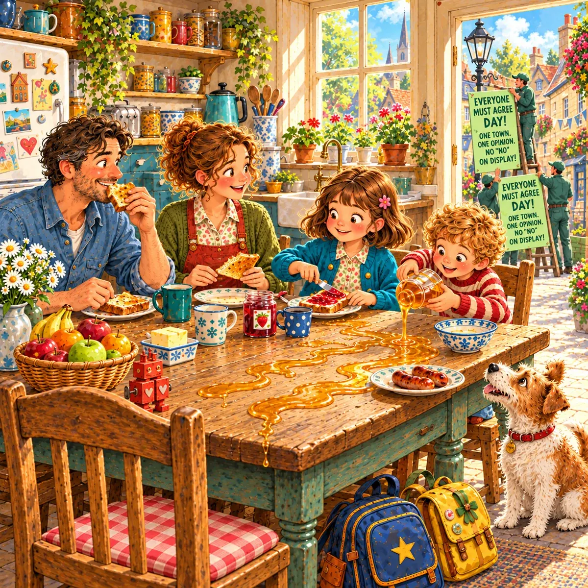 Grace, Daniel, Rosie and Toby share breakfast, with Pickle beside their kitchen table.