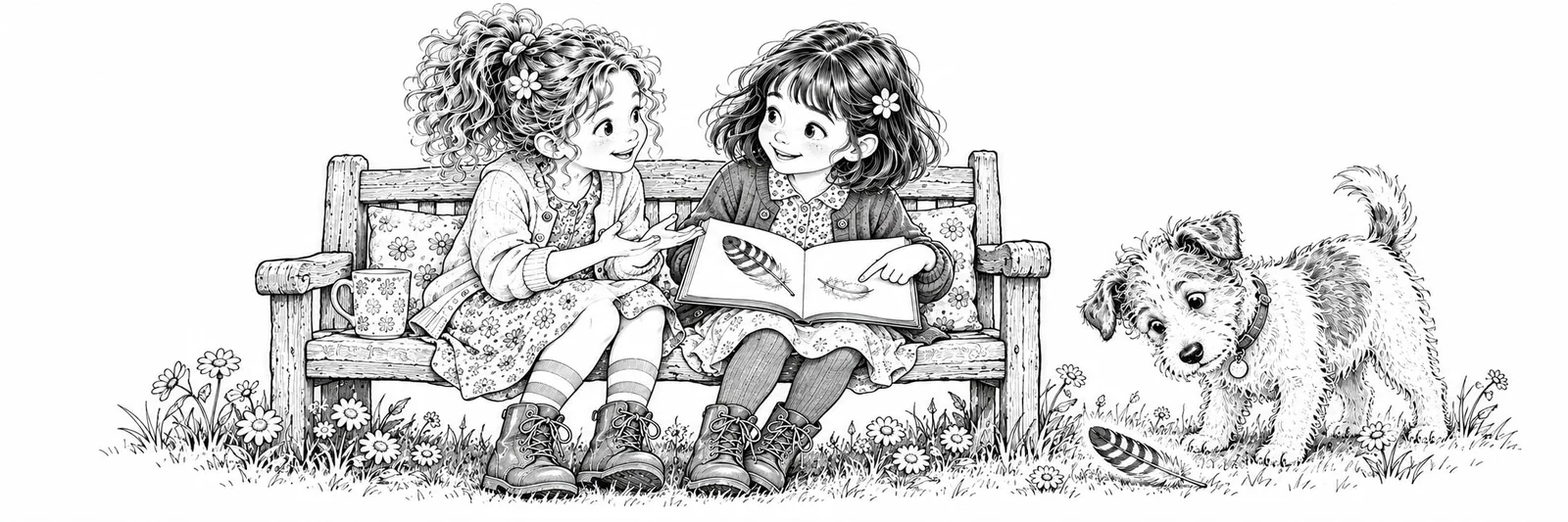 Two children share a picture book while Pickle finds a feather beside them.