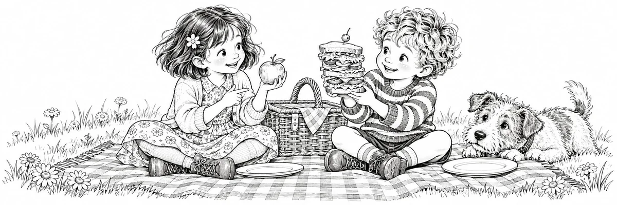 Rosie, Toby and Pickle around an imaginary picnic.