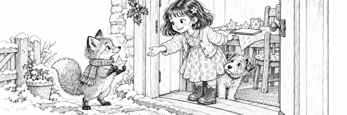 A fox with a star at an open cottage door.