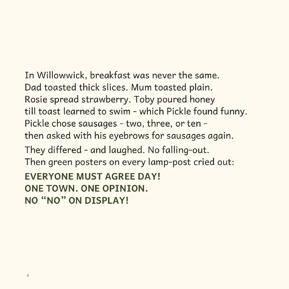 Opening excerpt from Everyone Must Agree Day. Choose “Read the words” above for larger text.