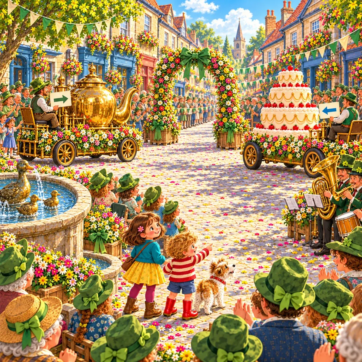 Rosie, Toby and Pickle in Willowwick’s flower-filled square, with the Agree-O-Meter and a very unusual parade.